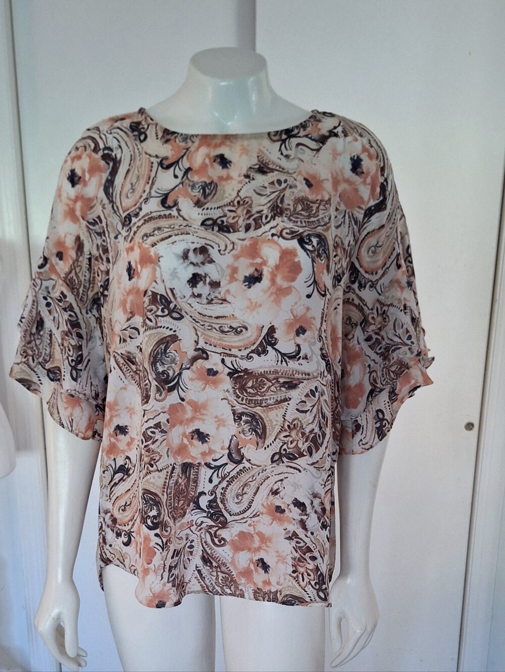 Sami & Jo Peach and Black Paisley Floral Flutter Sleeve Chiffon Blouse